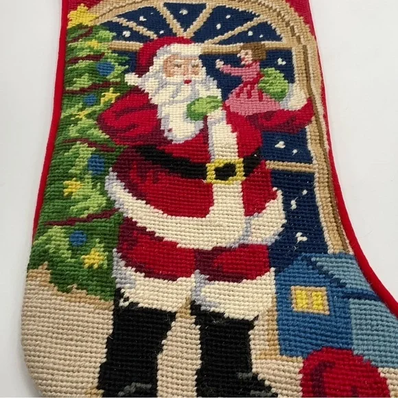 VTG Macy’s Stocking Needlepoint Santa Christmas Red Holiday Velvet Back Tree Dol - Picture 4 of 9